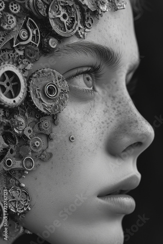 A surreal portrait with vintage clock gears and springs in place of facial features,