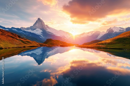 Fantastic evening panorama of Bach alp lake / Bachalpsee, Switzerland. Picturesque autumn sunset in Swiss alps, Grindelwald, Bernese Oberland, Europe. Beauty of nature concept background