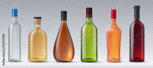 Realistic alcohol glass bottles. Vodka and tequila, cognac and whiskey, red and white wine. Isolated vector containers filled with liquid alcoholic beverages, visually appealing packaging solution