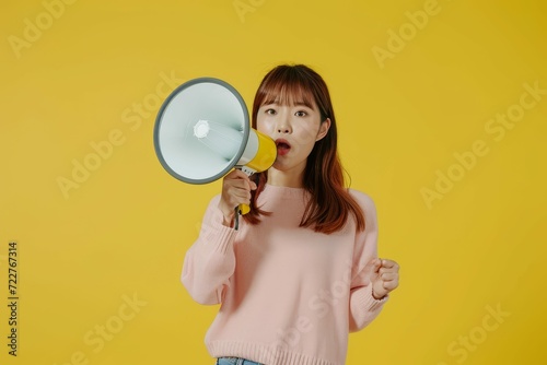 Pretty Asian woman making an announcement, holding megaphone, yellow backdrop