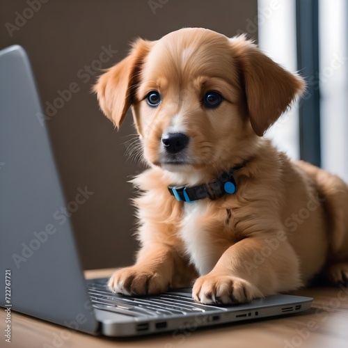 dog sitting on a laptop