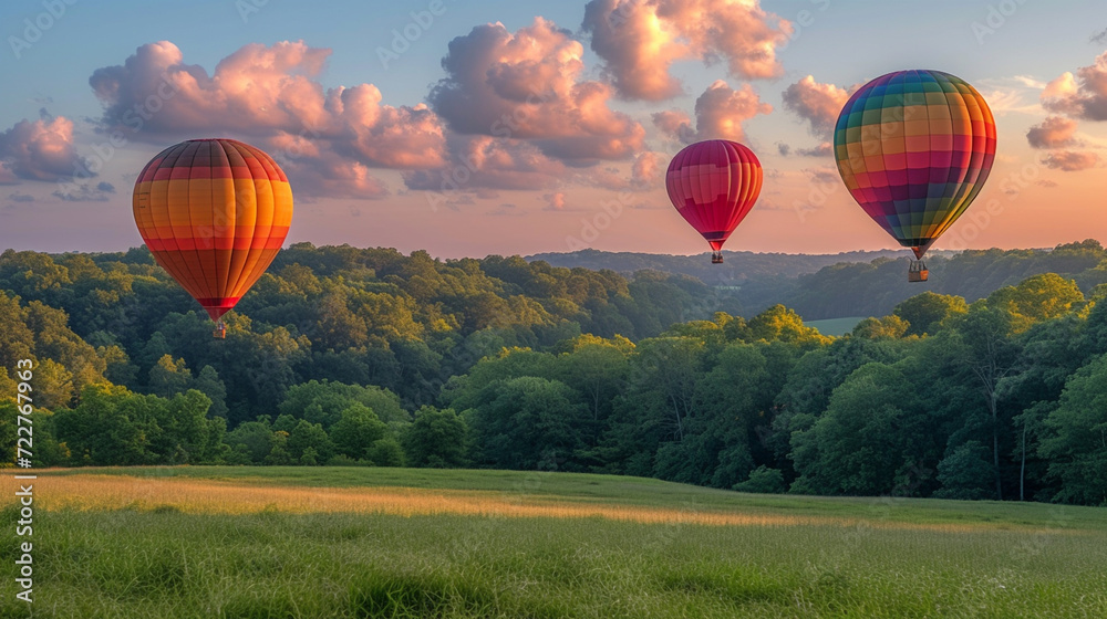 Obraz premium hot air balloon in the sky over fields and forests