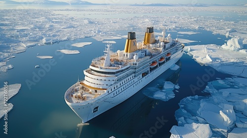 A modern, white cruise ship sails the Arctic Ocean, among ice floes and asbergs. Travel and vacation. En route. photo