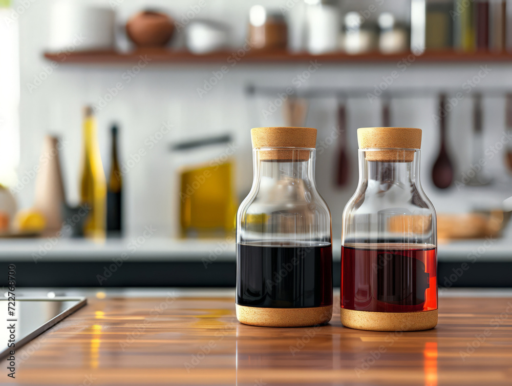 Stylish oil and vinegar bottles with wooden corks on a kitchen table. Stylish oil and vinegar bottles with wooden corks on a kitchen table.