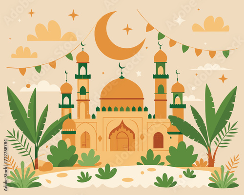 Islamic Celebration Template Background Style Design. Mosque vector cartoon illustration. Islamic element for ramadhan, eid mubarak, etc. 