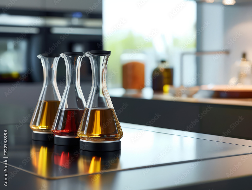 Elegant oil and vinegar glass bottles on a wooden kitchen counter. Elegant oil and vinegar glass bottles on a wooden kitchen counter.