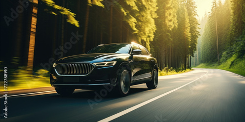 Luxury Electric SUV Gliding Through Sunlit Forest Road