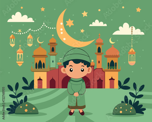 Cartoon character ramadan kareem eid mubarak moslem illustration Vector