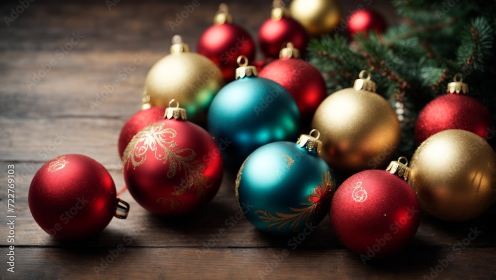 Christmas baubles on wooden table with bokeh background Christmas baubles on wooden table with bokeh background