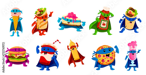 Cartoon fast food superhero characters. Vector energetic personages ice cream, burrito, cheesecake, and tomato sauce. Burger, cola, mustard bottle, pizza and cocktail with costumes and unique powers