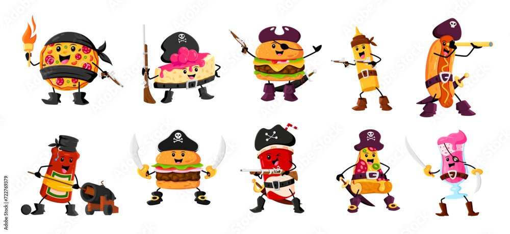 Cartoon fast food pirate and corsair characters. Isolated vector pizza, cheesecake, burger and mustard bottle. Hot dog, ketchup, cheeseburger or soda drink with cocktail filibuster personages