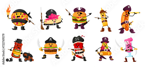 Cartoon fast food pirate and corsair characters. Isolated vector pizza, cheesecake, burger and mustard bottle. Hot dog, ketchup, cheeseburger or soda drink with cocktail filibuster personages © Buch&Bee