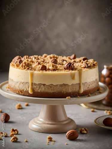 Cheesecake with nuts on a round pedestal