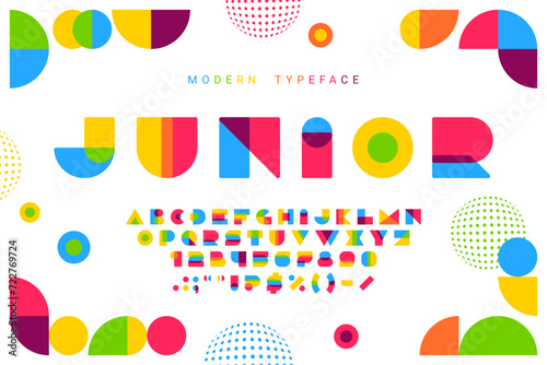 Children shapes font, color geometric type and abstract modern futuristic typeface, vector English alphabet. Font of colorful blocks, kids or child trendy geometric typeface with color overlap effect