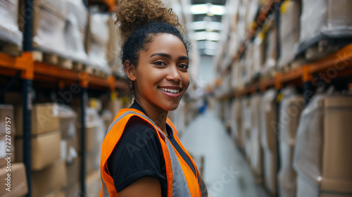 scenes of joyful e-commerce logistics professional, smiling and working efficiently in warehouse operations photo