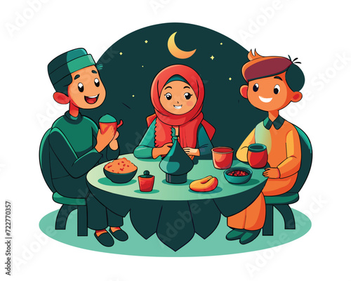 Ramadan dinner. Muslim family eating, iftar celebrating. Arab festive dishes on table, ritual greetings.