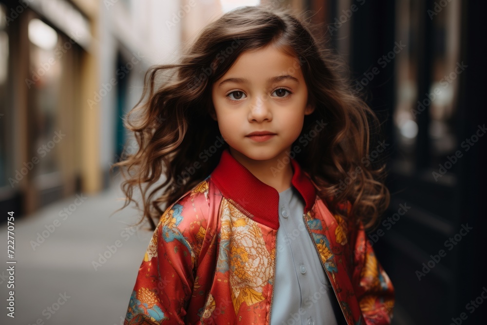 Portrait of a cute little girl with long curly hair in a colorful blouse.