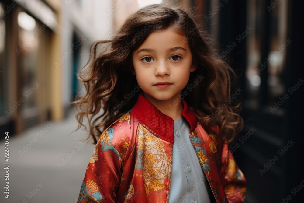 Portrait of a cute little girl with long curly hair in a colorful blouse. Portrait of a cute little girl with long curly hair in a colorful blouse.