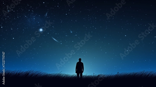 Silhouette of a man on the street against the backdrop of bright stars in the sky. © alexkich
