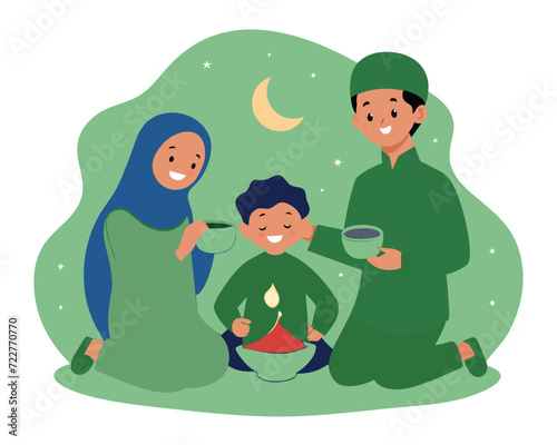 A muslim family eat some meals at dawn for suhoor. Suitable to use as Social Media Content, Greeting Cards, UI, Landing Page, Mobile Apps, Cover Illustration, Poster and Website. Vector Illustration
