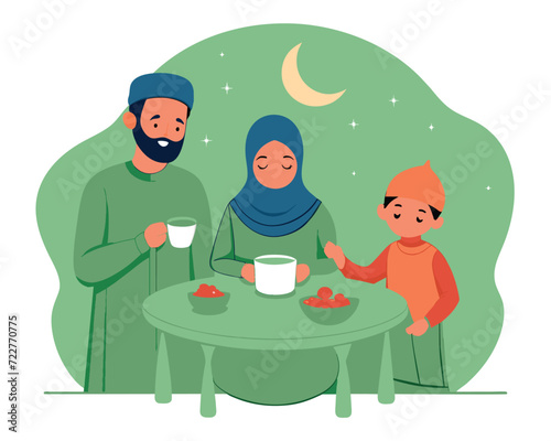 A muslim family eat some meals at dawn for suhoor. Suitable to use as Social Media Content, Greeting Cards, UI, Landing Page, Mobile Apps, Cover Illustration, Poster and Website. Vector Illustration