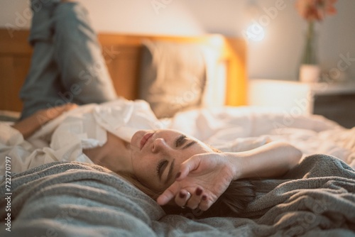 Young woman dreams in bedroom alone, evening light