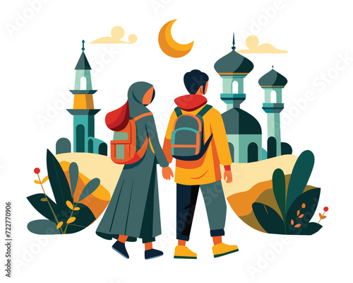 Ramadan illustration concept design, Muslim people go to mosque, eid mubarak, ramadan kareem icon.