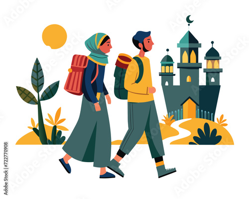 Ramadan illustration concept design, Muslim people go to mosque, eid mubarak, ramadan kareem icon.