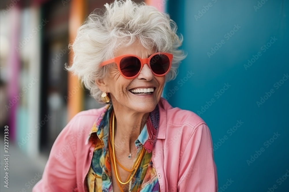 Portrait of happy senior woman with sunglasses in the street, outdoors Portrait of happy senior woman with sunglasses in the street, outdoors