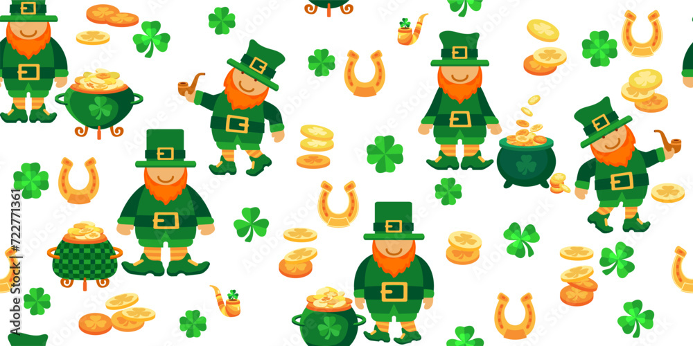 Saint Patricks Day seamless pattern. Cute Leprechaun, pot, coins, clover shamrock, pipe, horseshoe. Spring holiday March 17 St Patrick. Green Vector background for fabric, textiles, wrapping paper. Saint Patricks Day seamless pattern. Cute Leprechaun, pot, coins, clover shamrock, pipe, horseshoe. Spring holiday March 17 St Patrick. Green Vector background for fabric, textiles, wrapping paper.