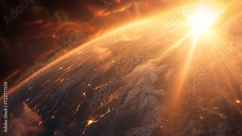 Craft a visual masterpiece portraying the inaugural sunbeam illuminating Earth's surface.