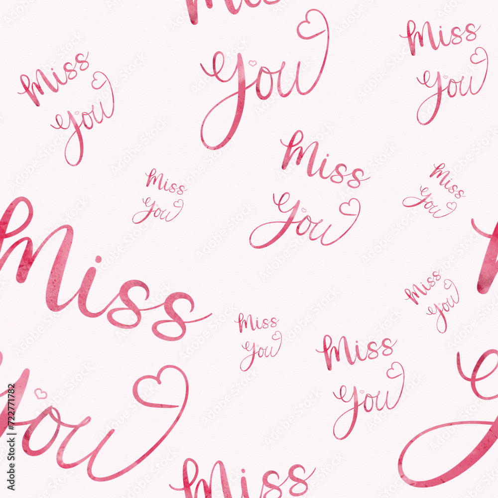 Pink Valentine's Day watercolor pattern design elements. lettering Miss you