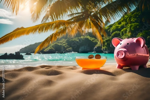 Capture the joy and excitement of planning for a tropical vacation through the imagery of a piggy bank filled with dreams and savings. © MuhammadJunaid