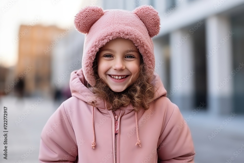 Outdoor portrait of cute little girl wearing pink winter jacket and hat Outdoor portrait of cute little girl wearing pink winter jacket and hat
