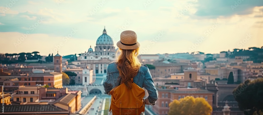Young traveler woman exploring city famous landmarks. Back view of female tourist enjoying historic on sunny vacation day in urban. Caucasian woman touring culture and religion in beautiful cityscape