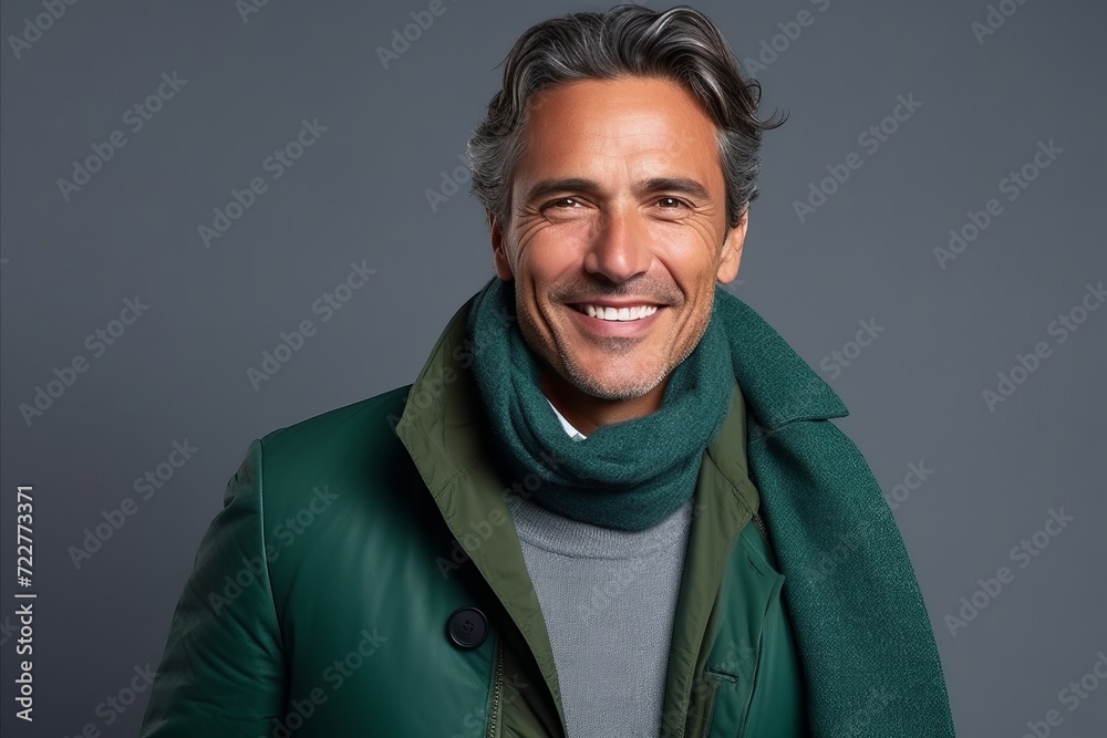 Portrait of a handsome middle-aged man in a green jacket and scarf. Portrait of a handsome middle-aged man in a green jacket and scarf.