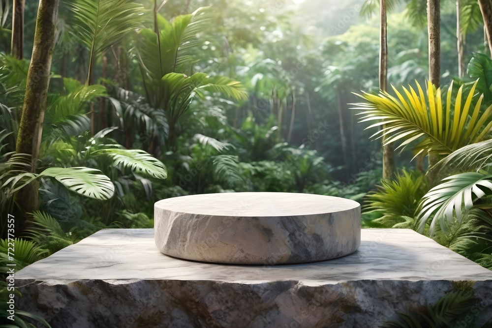 Podium for Product Advertising Stand, Empty natural stone pedestal platform to display beauty product on tropical forest background. Mockup Podium for Product Advertising Stand, Empty natural stone pedestal platform to display beauty product on tropical forest background. Mockup
