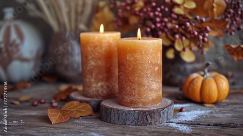 Embrace the cozy feel of autumn with the soft light emitted by two burning candles, creating a serene and inviting atmosphere within the seasonal interior.