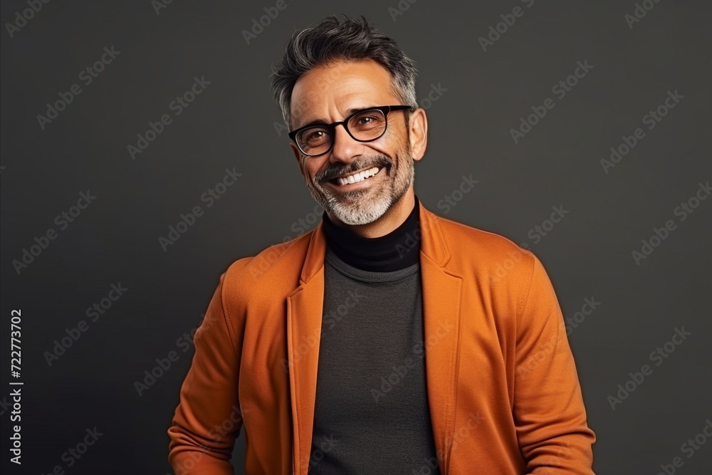 Portrait of a handsome middle-aged Indian man in orange coat and glasses. Portrait of a handsome middle-aged Indian man in orange coat and glasses.