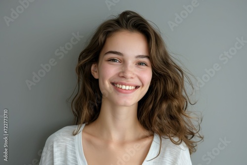 Young woman s cheerful smile  grey backdrop  copy space
