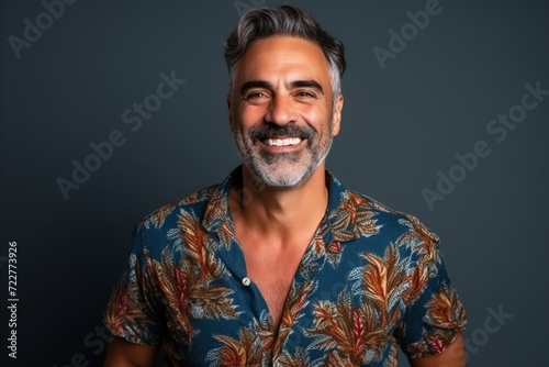 Portrait of a handsome Indian man in a colorful shirt smiling at the camera.