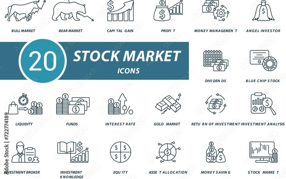 Stock market outline icons set. Creative icons: bull market, bear market, capital gain, profit, money management, angel investor, dividends, blue chip stock, liquidity and more