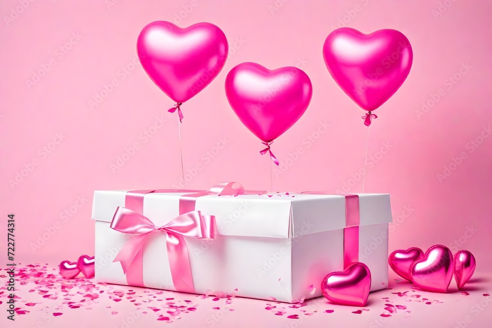 Illustrate the magical unveiling of pink heart-shaped balloons escaping a white gift box, creating a delightful spectacle on a pink backdrop.