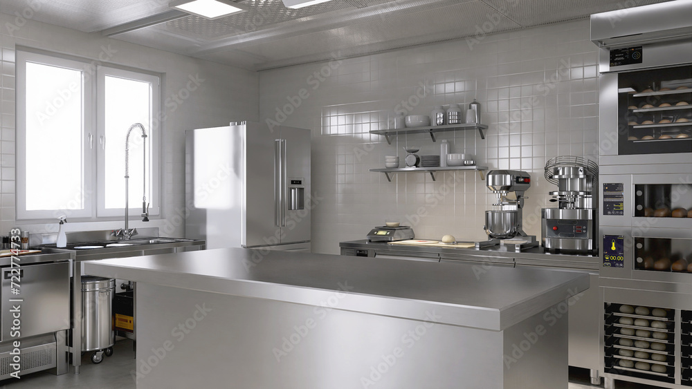 Empty clean stainless steel island table in commercial, professional bakery kitchen with convection, deck oven, freezer, refrigerator, shelf, cabinet, equipment in background 3D Empty clean stainless steel island table in commercial, professional bakery kitchen with convection, deck oven, freezer, refrigerator, shelf, cabinet, equipment in background 3D