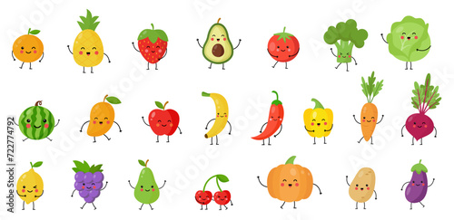 Vector illustration of cute kawaii fruits berries and vegetables with hands and legs.