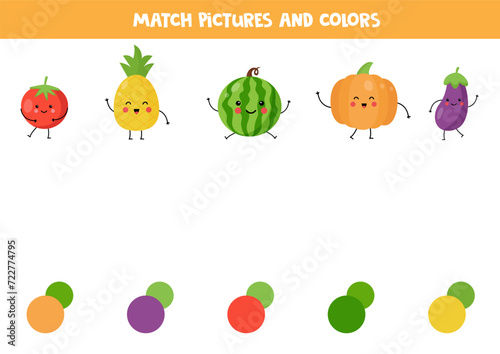 Match kawaii fruits and vegetables with colors. Educational worksheet for kids.