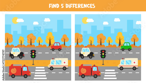 Find five differences between pictures. Cityscape with transport.