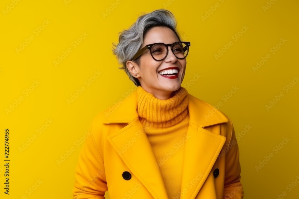 Portrait of a happy senior woman in eyeglasses over yellow background Portrait of a happy senior woman in eyeglasses over yellow background