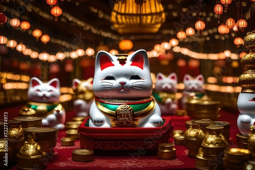 Illustrate the traditional belief in the luck-bringing qualities of the Maneki-neko, symbolized by its interaction with money.