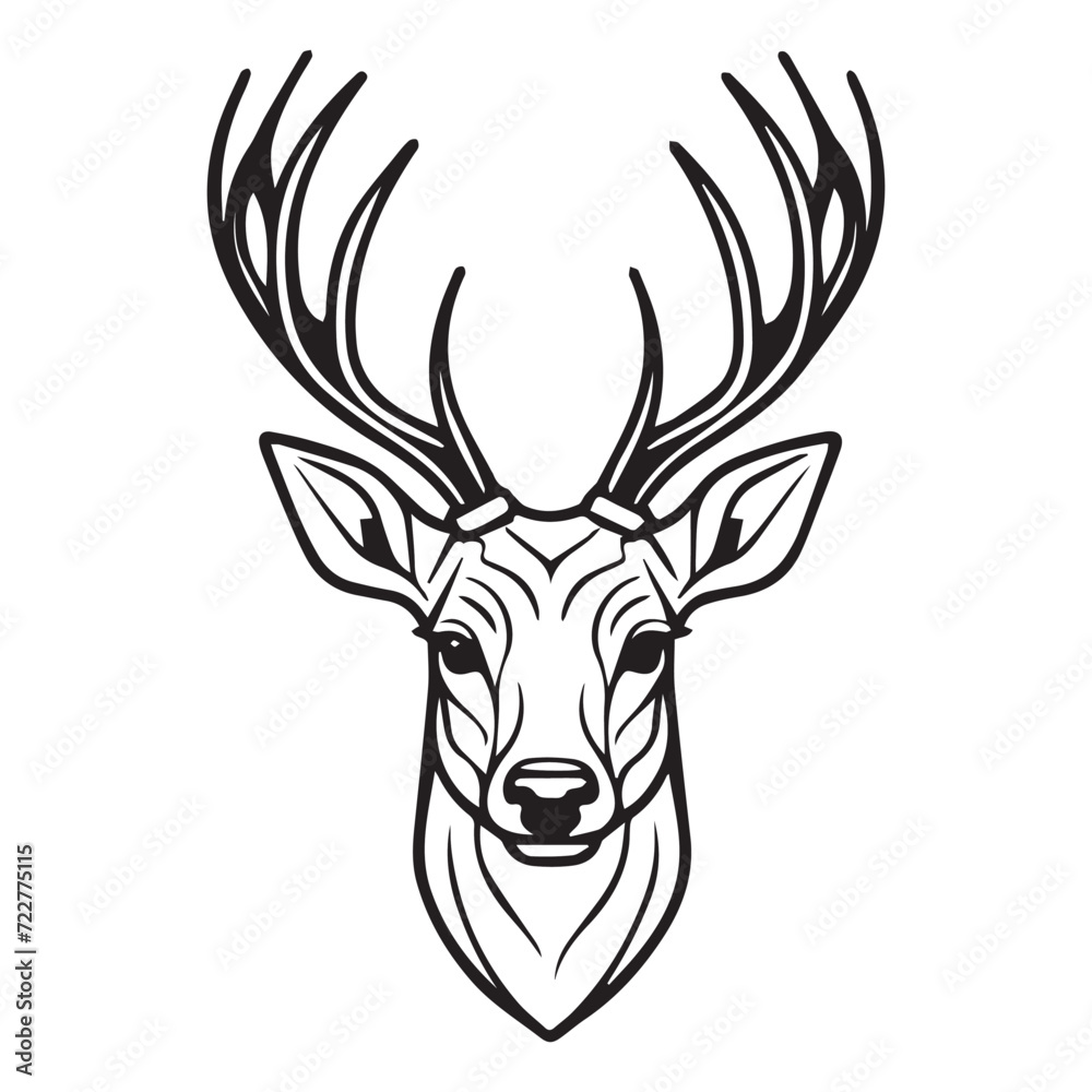Fototapeta premium 2d black outline vector hand drawn art style minimalism black and white animal head of deer